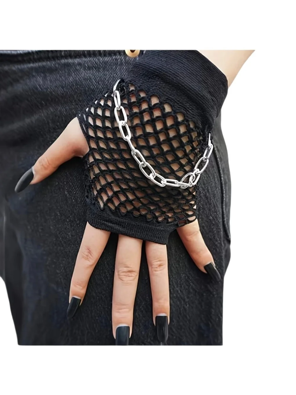 Black Fishnet Fingerless Gloves with Chain Accent